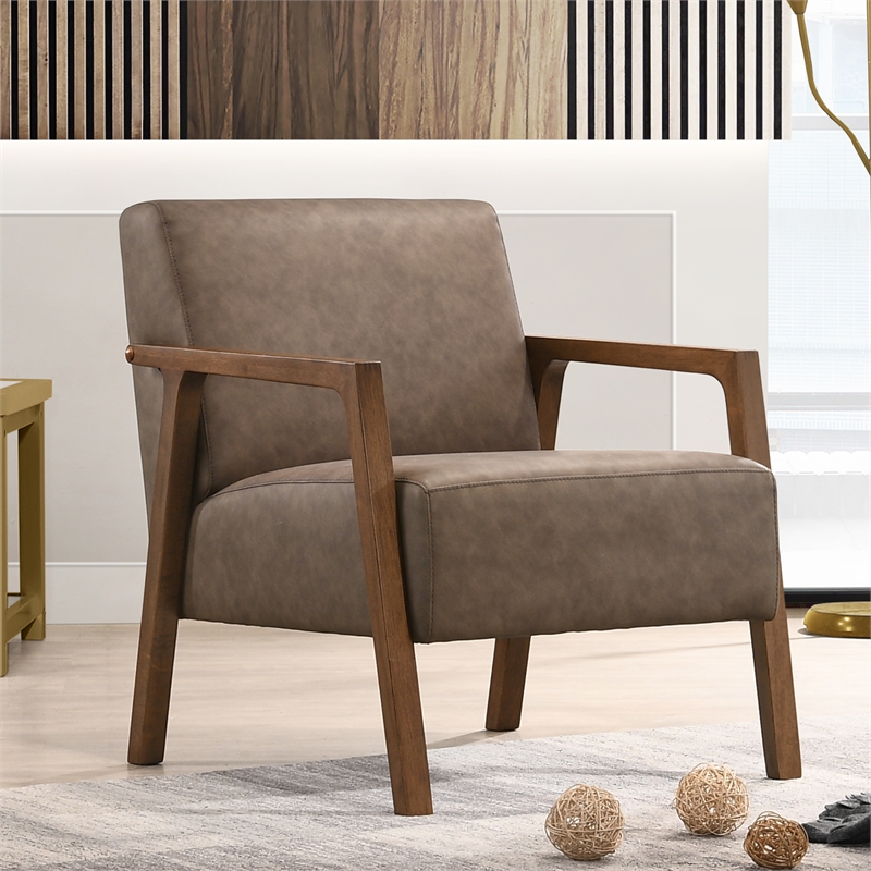 Pemberly Row Solid Wood & Fabric Upholstered Lounge Accent Chair in Brown
