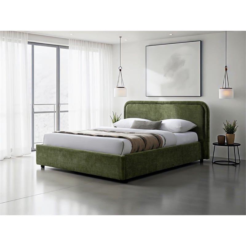 Pemberly Row Upholstered Queen Platform Bed with Rounded Headboard in Green