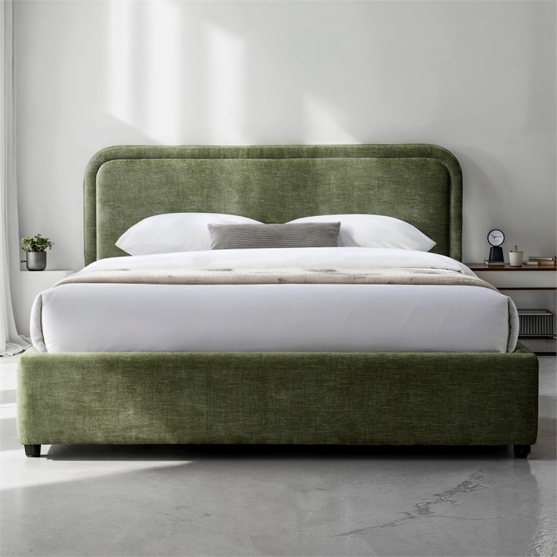 Pemberly Row Upholstered Queen Platform Bed with Rounded Headboard in Green
