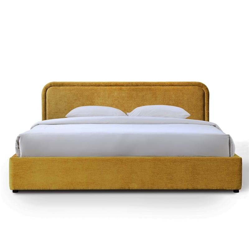 Pemberly Row Upholstered King Platform Bed with Rounded Headboard in Gold