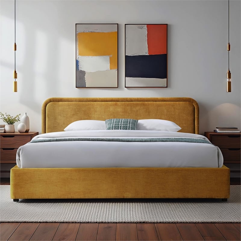 Pemberly Row Upholstered King Platform Bed with Rounded Headboard in Gold