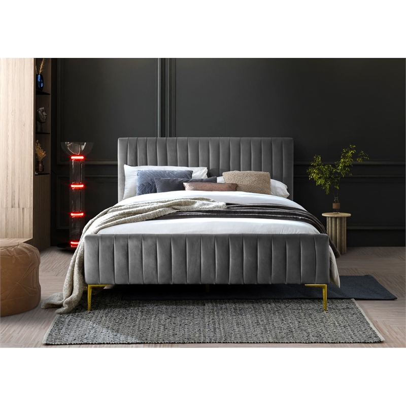 Pemberly Row Wood & Velvet Upholstered Queen Platform Bed with Gold Legs in Blue