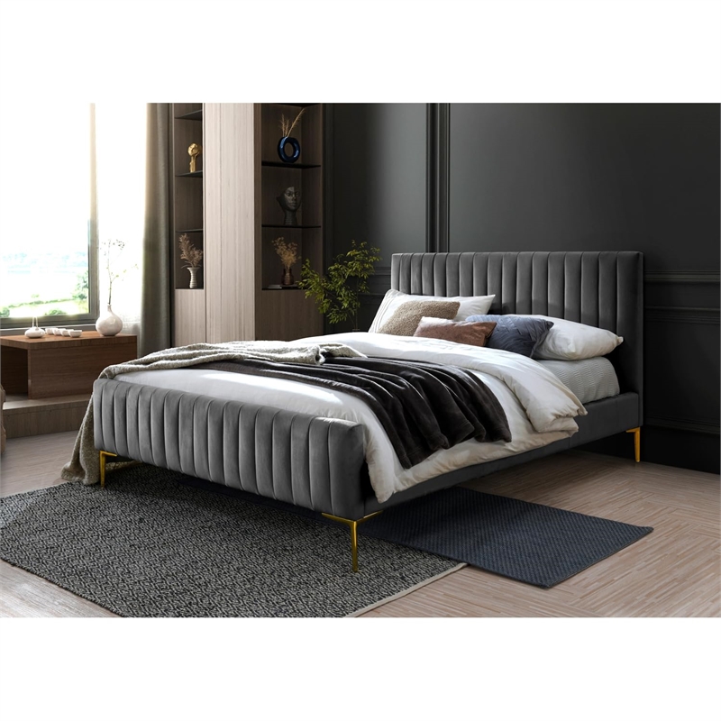 Pemberly Row Wood & Velvet Upholstered Queen Platform Bed with Gold Legs in Blue