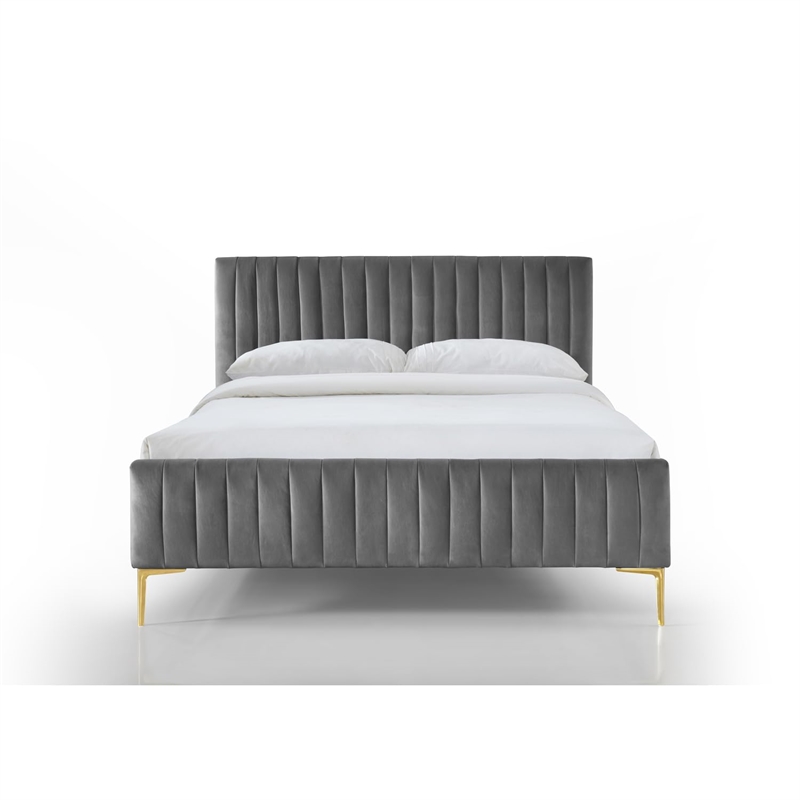 Pemberly Row Wood & Velvet Upholstered Queen Platform Bed with Gold Legs in Blue