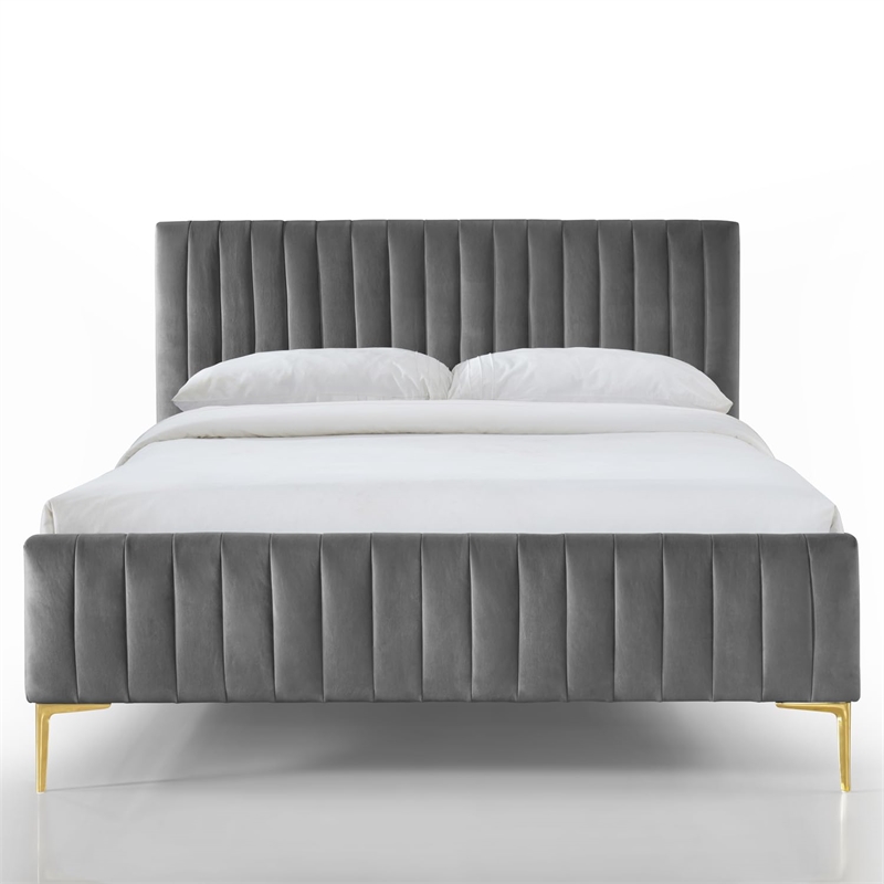 Pemberly Row Wood & Velvet Upholstered Queen Platform Bed with Gold Legs in Blue