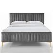 Pemberly Row Wood & Velvet Upholstered Queen Platform Bed with Gold Legs in Blue