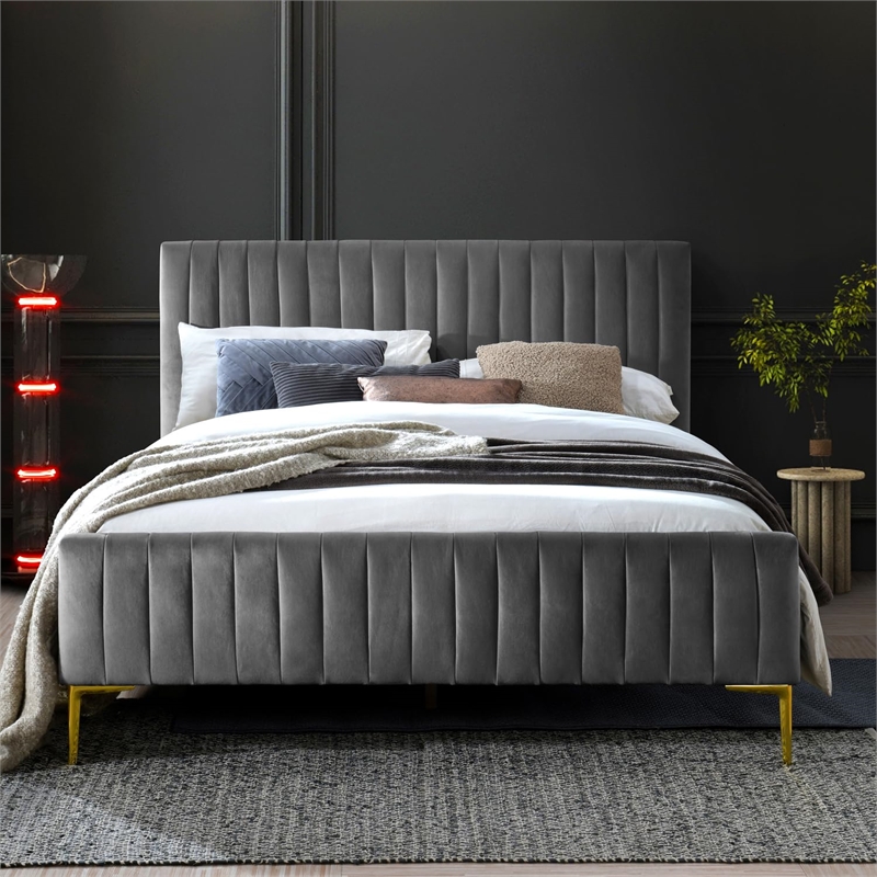 Pemberly Row Wood & Velvet Upholstered Queen Platform Bed with Gold Legs in Blue