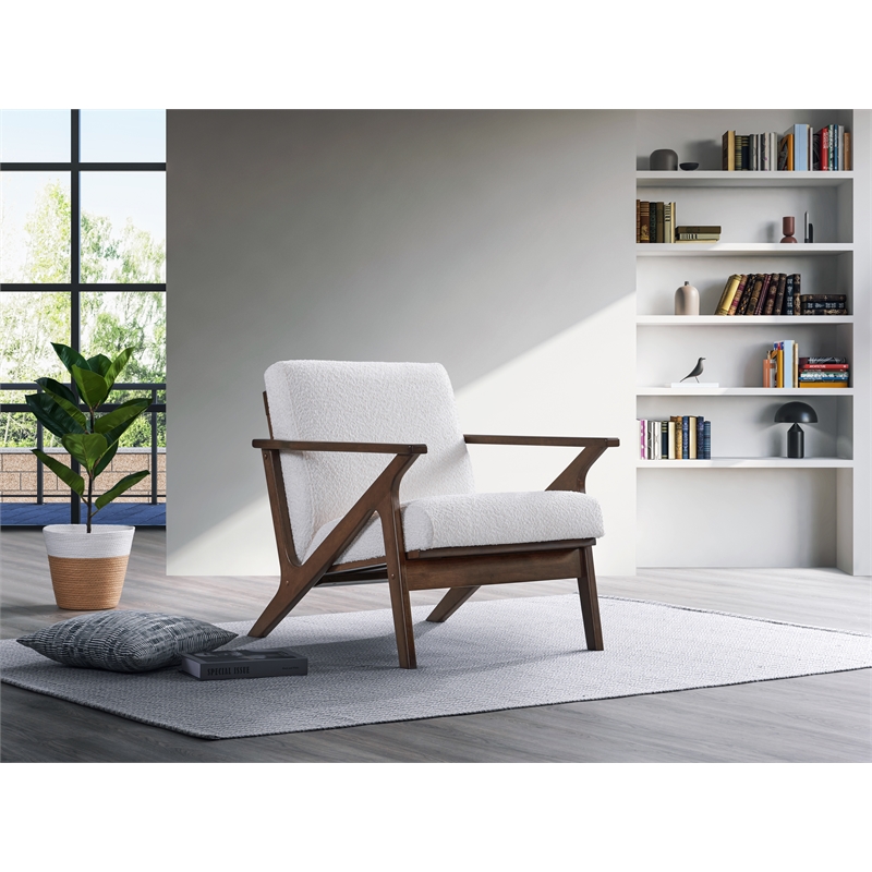 Pemberly Row Solid Wood and Boucle Upholstered Accent Armchair in White