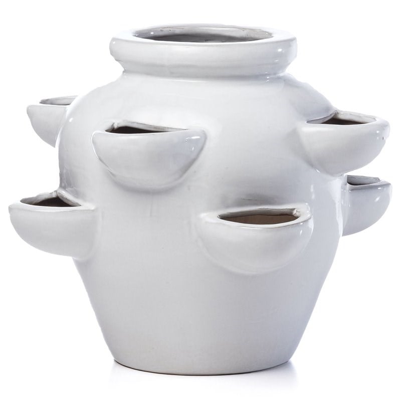 Pemberly Row 8 Pocket Handmade Ceramic Strawberry Planter in White