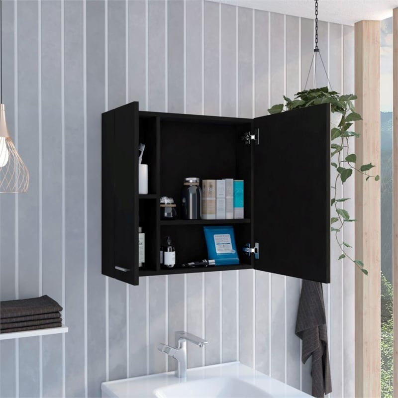 Pemberly Row Engineered Wood Medicine Cabinet with 1 Door and 4 Shelves in Black