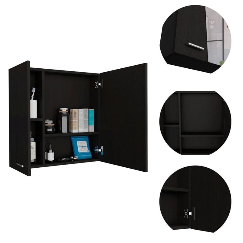 Pemberly Row Engineered Wood Medicine Cabinet with 1 Door and 4 Shelves in Black