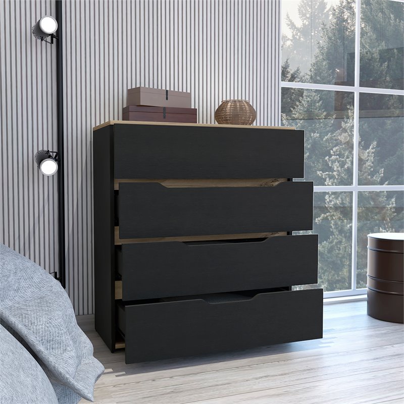 Pemberly Row Modern 4-Drawer Wood Bedroom Dresser in Black/Light Oak
