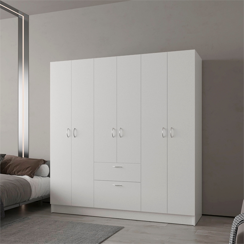Pemberly Row 4-Door Wardrobe with Shelves and Drawer Engineered Wood in White