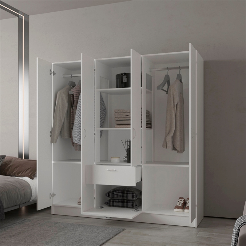 Pemberly Row 4-Door Wardrobe with Shelves and Drawer Engineered Wood in White
