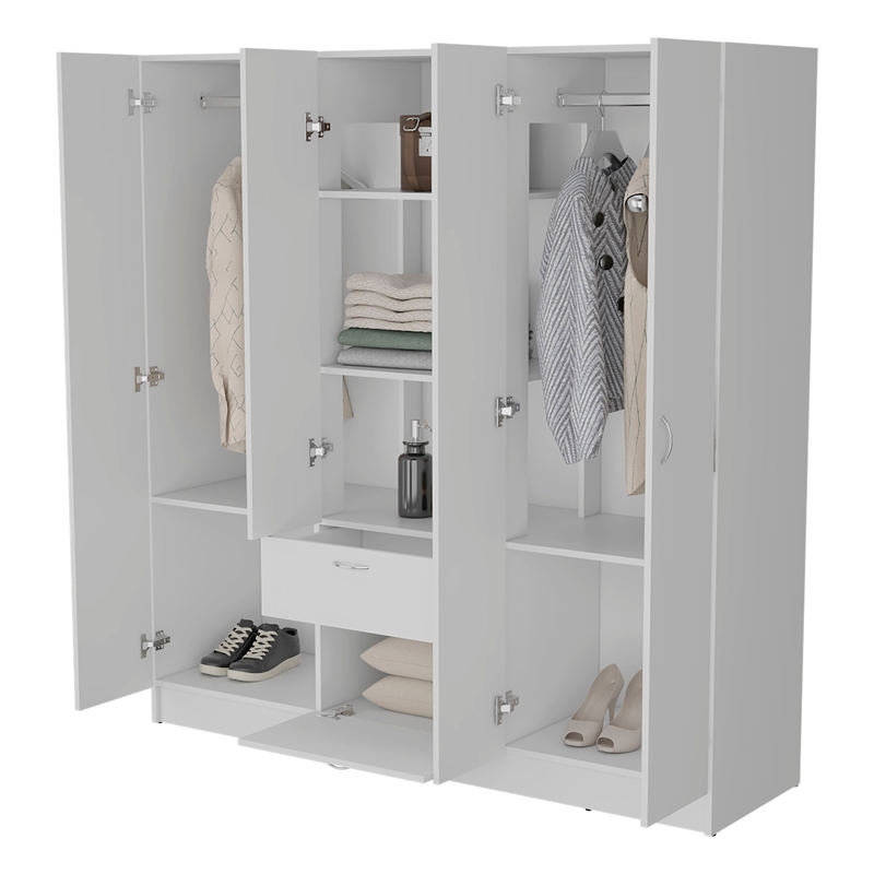 Pemberly Row 4-Door Wardrobe with Shelves and Drawer Engineered Wood in White