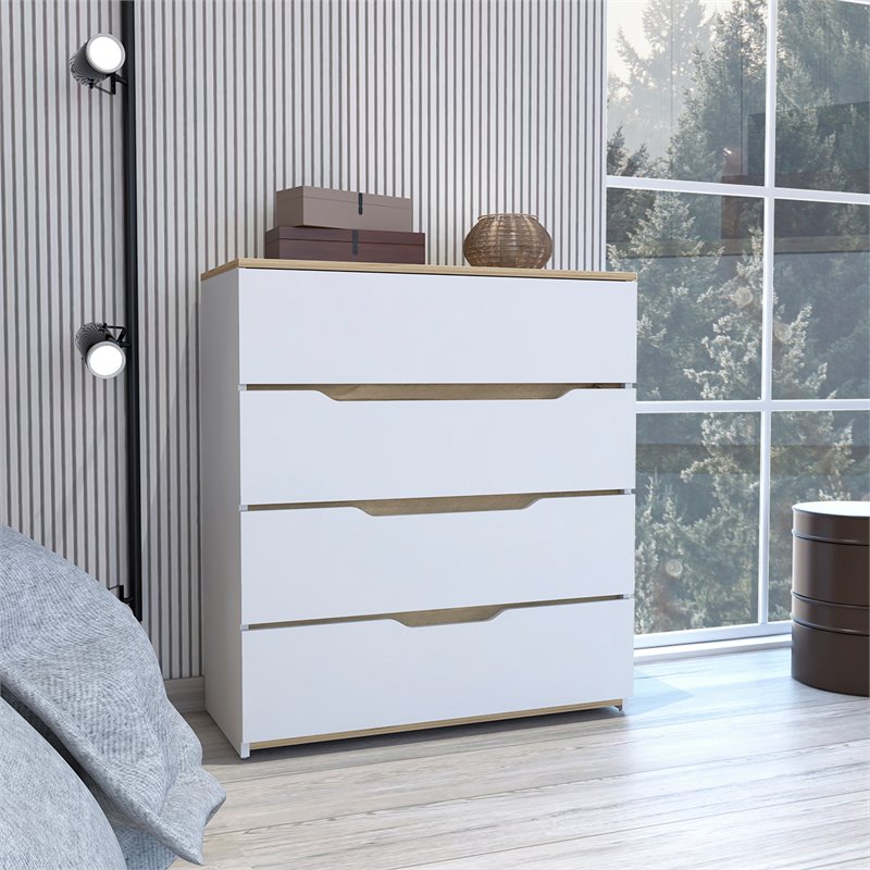 Pemberly Row Modern 4-Drawer Wood Bedroom Dresser in White/Light Oak