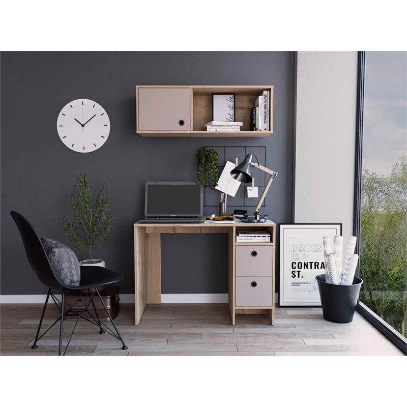 Pemberly Row 2-Piece Wood Office Desk Set with 3 Drawers in Light Oak/Taupe