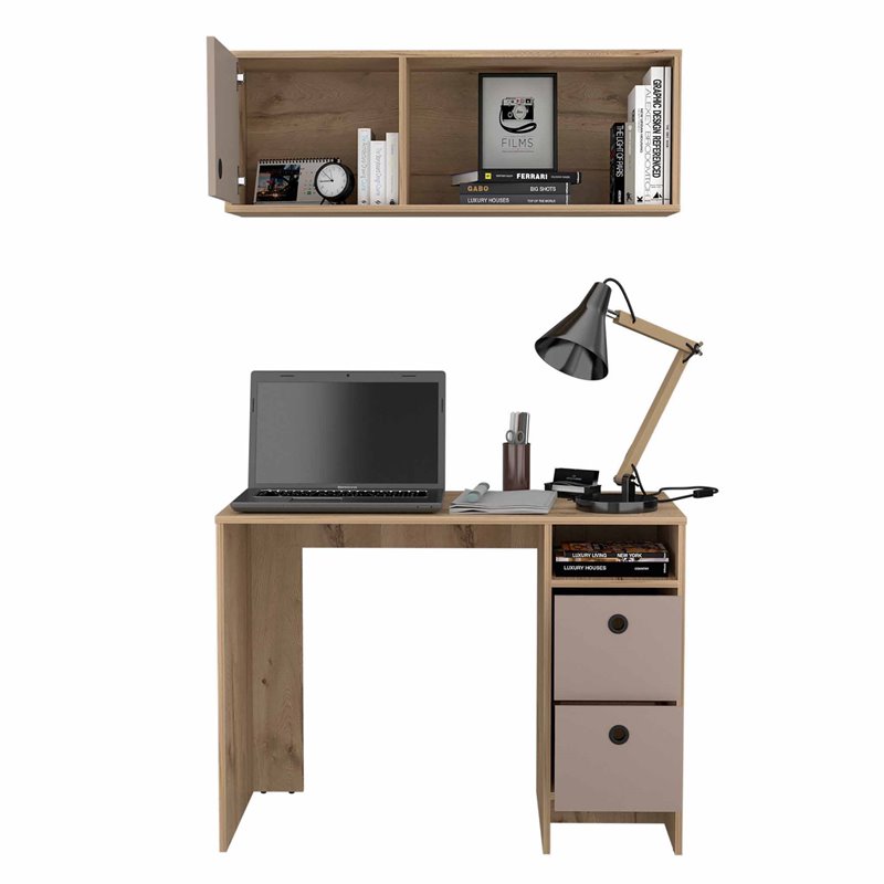 Pemberly Row 2-Piece Wood Office Desk Set with 3 Drawers in Light Oak/Taupe