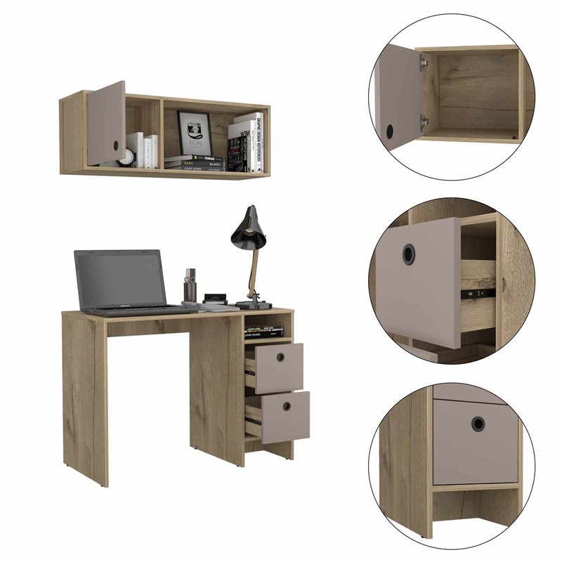 Pemberly Row 2-Piece Wood Office Desk Set with 3 Drawers in Light Oak/Taupe