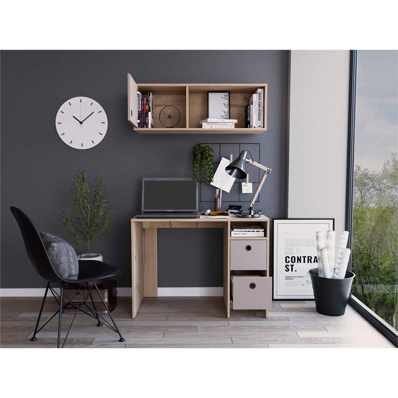 Pemberly Row 2-Piece Wood Office Desk Set with 3 Drawers in Light Oak/Taupe