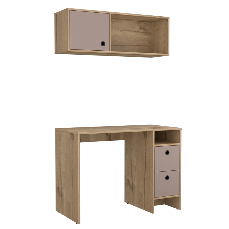 Pemberly Row 2-Piece Wood Office Desk Set with 3 Drawers in Light Oak/Taupe