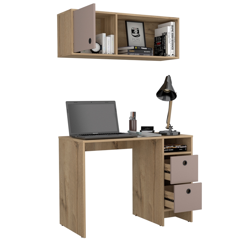 Pemberly Row 2-Piece Wood Office Desk Set with 3 Drawers in Light Oak/Taupe