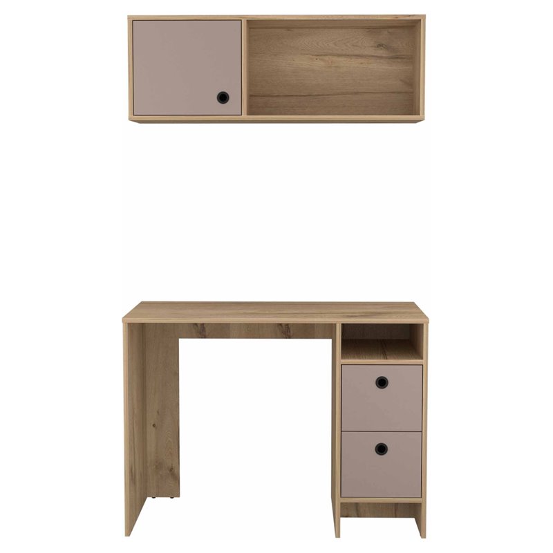 Pemberly Row 2-Piece Wood Office Desk Set with 3 Drawers in Light Oak/Taupe