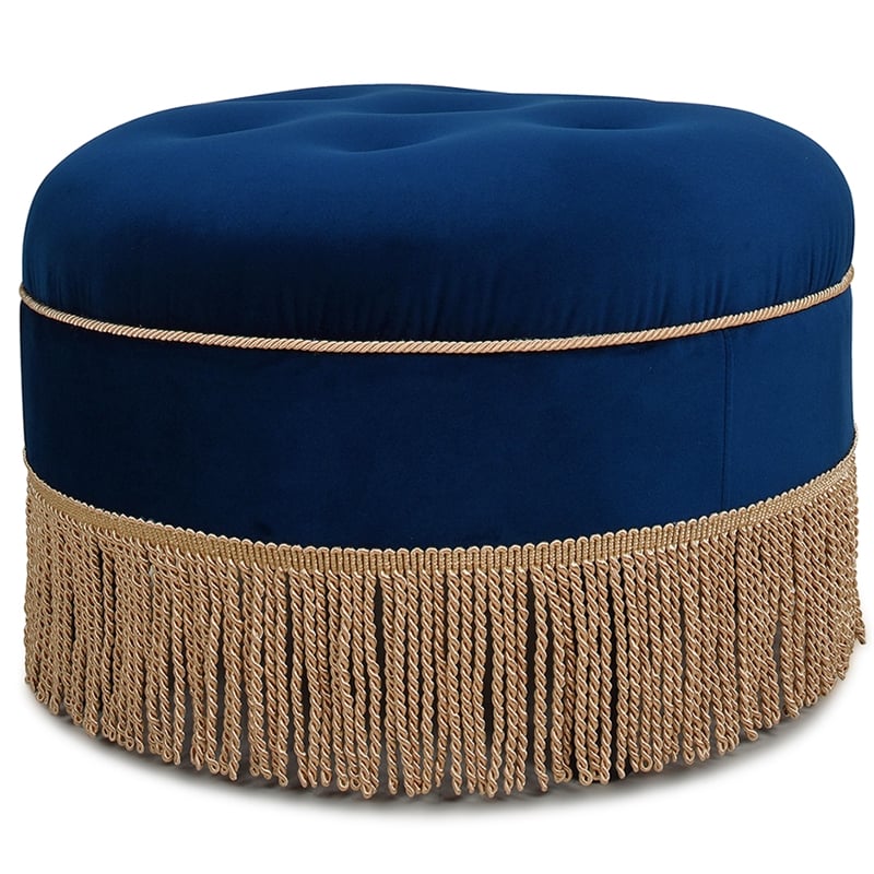 Pemberly Row Upholstered Round Accent Ottoman in Navy Blue Velvet with Gold Trim