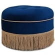 Pemberly Row Upholstered Round Accent Ottoman in Navy Blue Velvet with Gold Trim