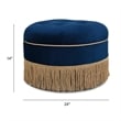 Pemberly Row Upholstered Round Accent Ottoman in Navy Blue Velvet with Gold Trim