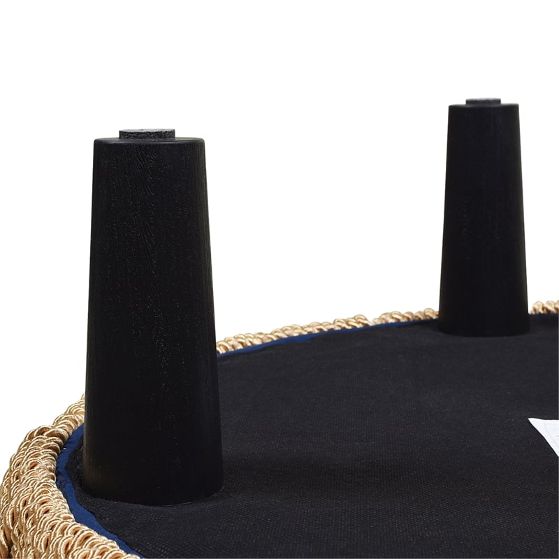 Pemberly Row Upholstered Round Accent Ottoman in Navy Blue Velvet with Gold Trim