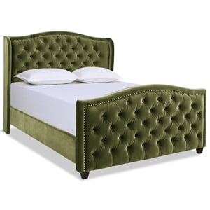 Pemberly Row Contemporary Tufted Wingback Queen Bed in Olive Green