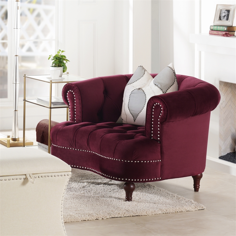Pemberly Row Tufted Accent Chair with Nailhead Trim in Burgundy