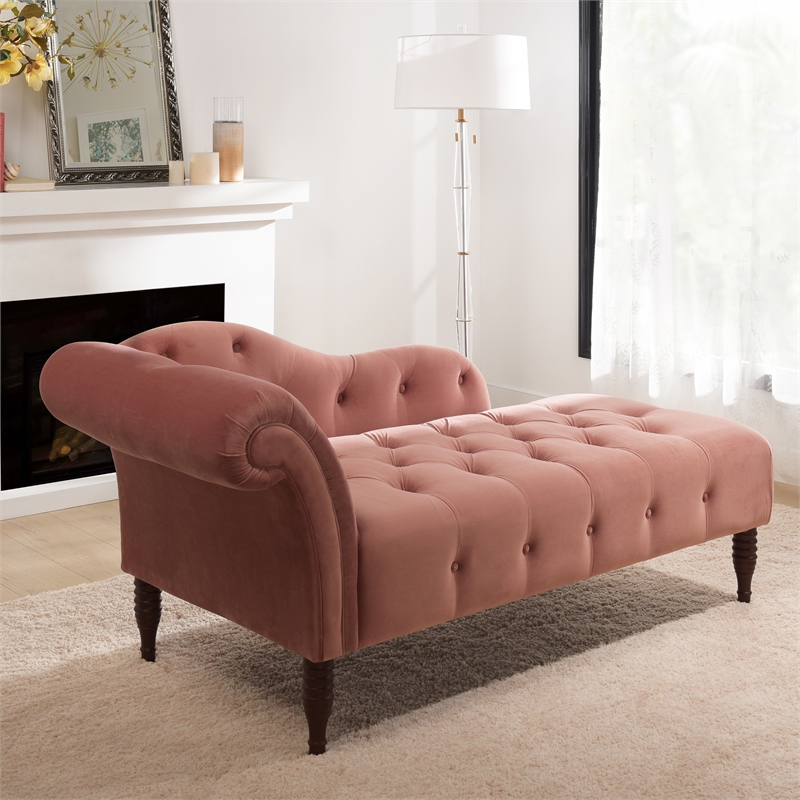 Pemberly Row Contemporary Tufted Roll Arm Chaise Lounge in Ash Rose