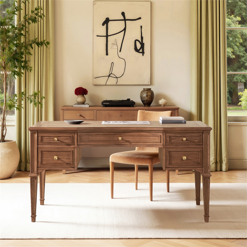 Pemberly Row Gold Accent 5-Drawer Executive Desk in Brown Ash Wood & Veneer