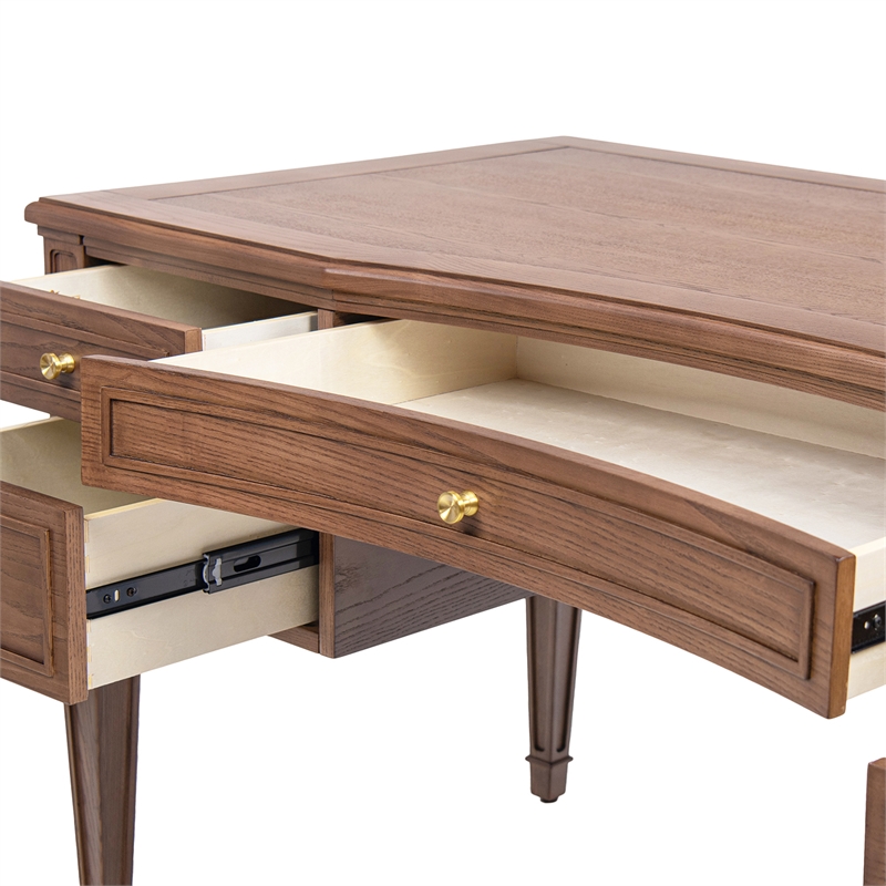 Pemberly Row Gold Accent 5-Drawer Executive Desk in Brown Ash Wood & Veneer