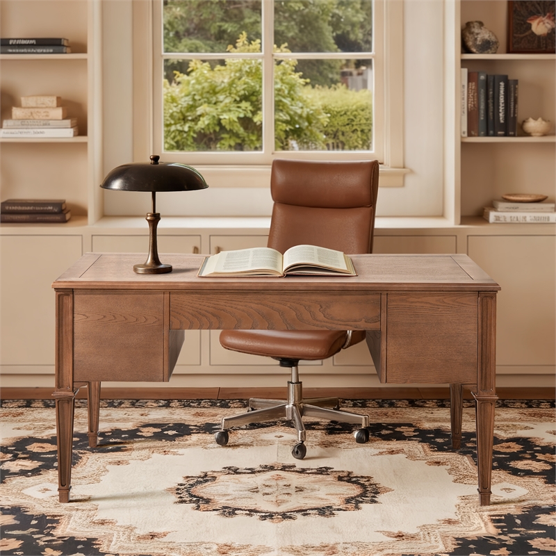 Pemberly Row Gold Accent 5-Drawer Executive Desk in Brown Ash Wood & Veneer