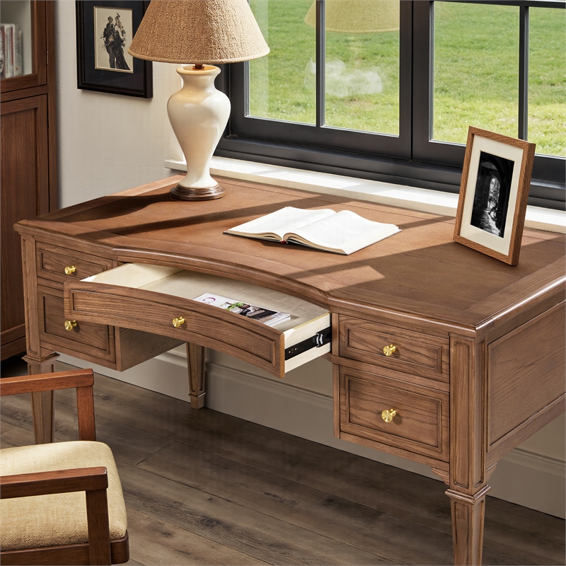 Pemberly Row Gold Accent 5-Drawer Executive Desk in Brown Ash Wood & Veneer
