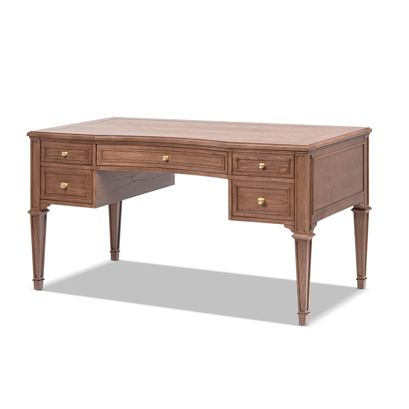 Pemberly Row Gold Accent 5-Drawer Executive Desk in Brown Ash Wood & Veneer