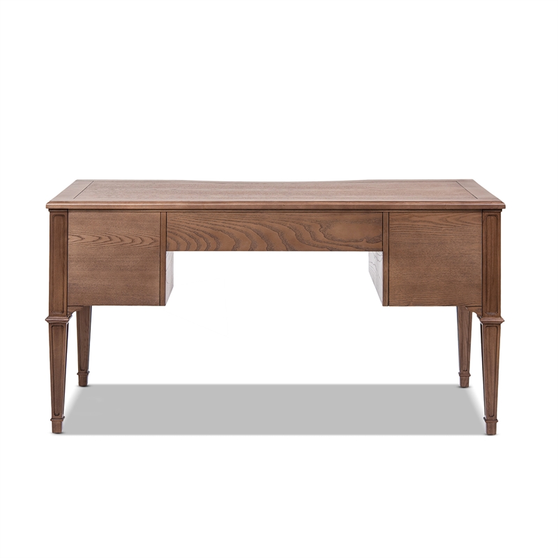 Pemberly Row Gold Accent 5-Drawer Executive Desk in Brown Ash Wood & Veneer