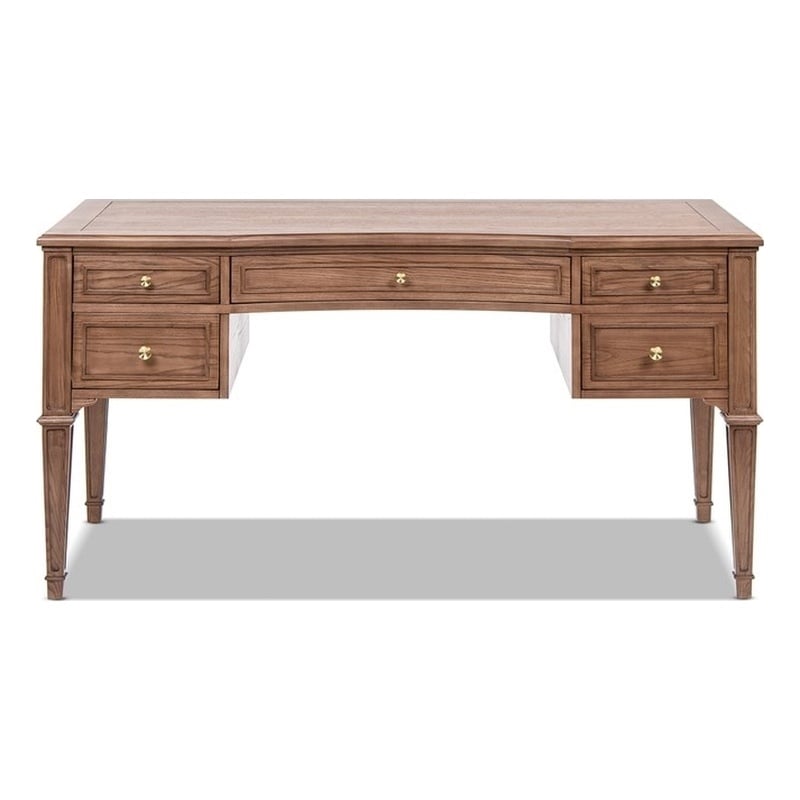 Pemberly Row Gold Accent 5-Drawer Executive Desk in Brown Ash Wood & Veneer