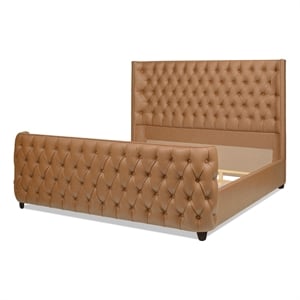 Pemberly Row Tufted Wingback Shelter Bed King in Caramel Tan Brown Faux Leather