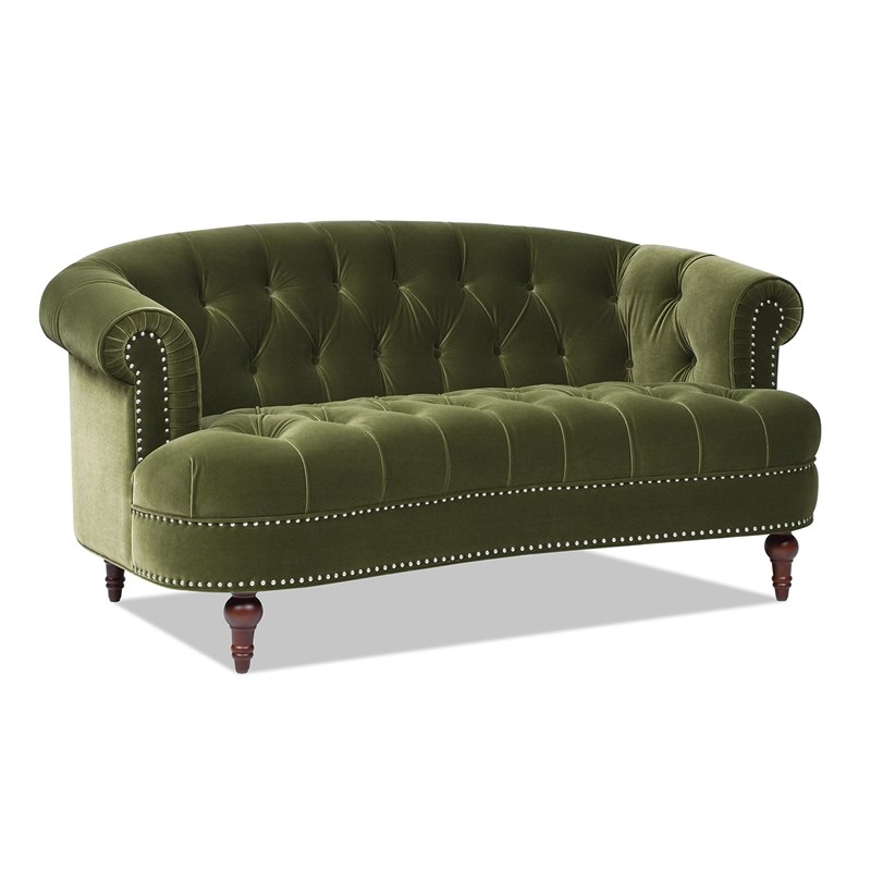 Pemberly Row Contemporary Chesterfield Loveseat in Olive Green Velvet