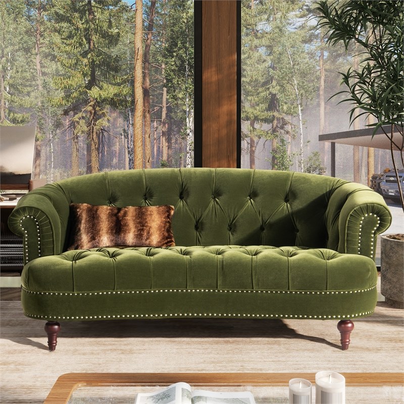 Pemberly Row Contemporary Chesterfield Loveseat in Olive Green Velvet