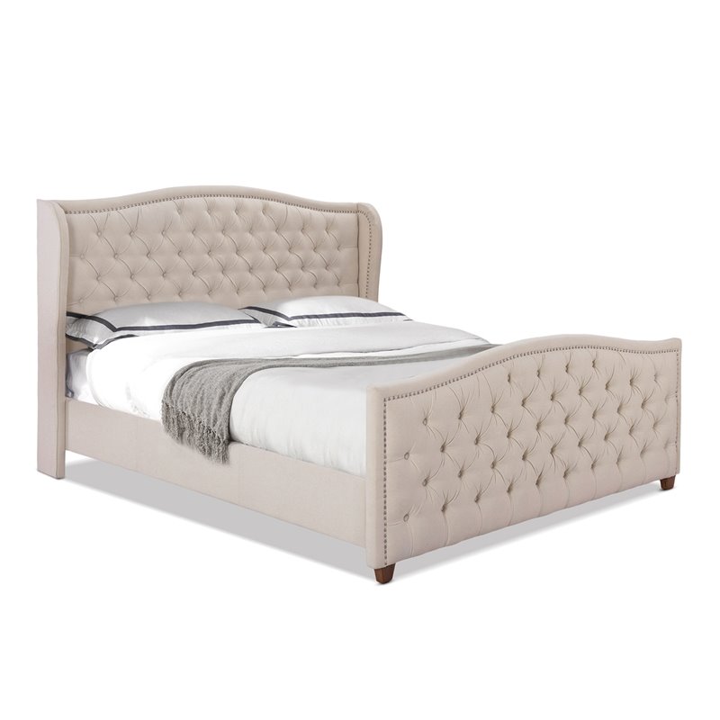 Pemberly Row Tufted Wingback King Bed with Nailhead Accents in Sky Neutral