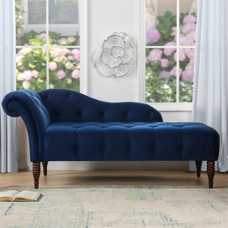 Pemberly Row Tufted Roll Arm Chaise Lounge with Nailhead Trim in Navy Blue