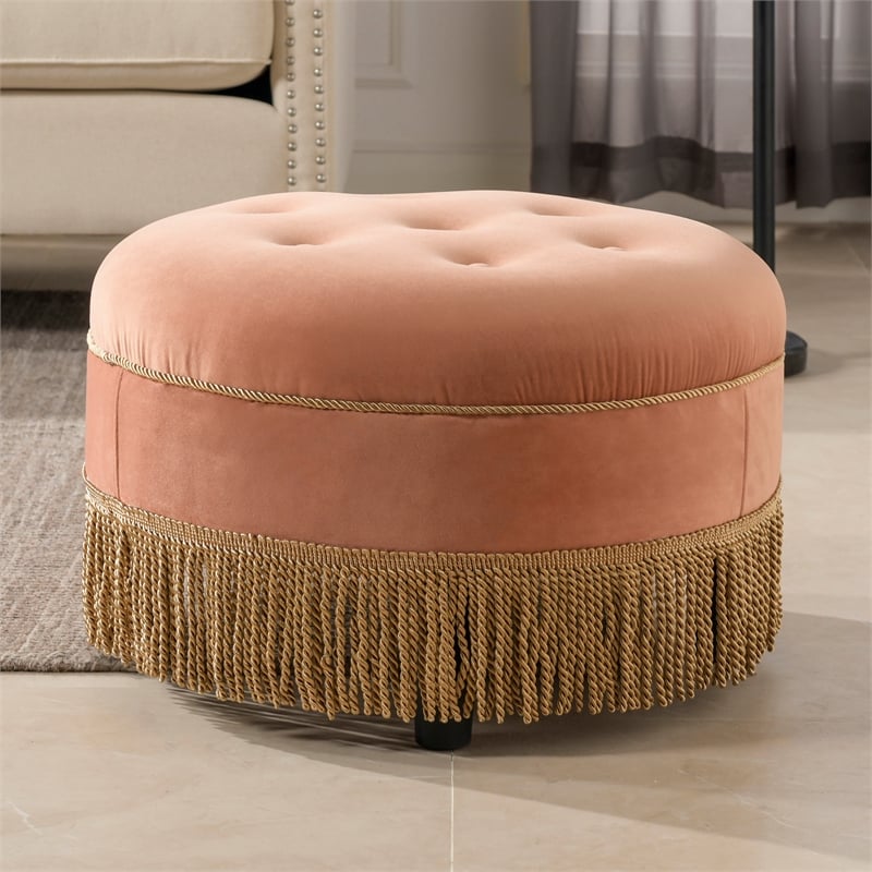 Pemberly Row Tufted Decorative Round Ottoman with Cord Trim in Orange