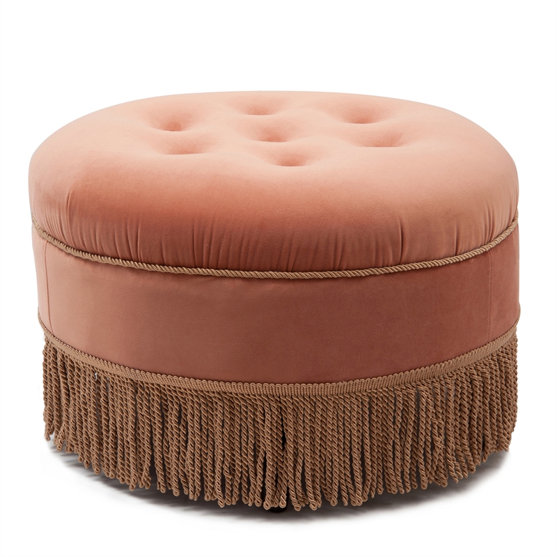 Pemberly Row Tufted Decorative Round Ottoman with Cord Trim in Orange