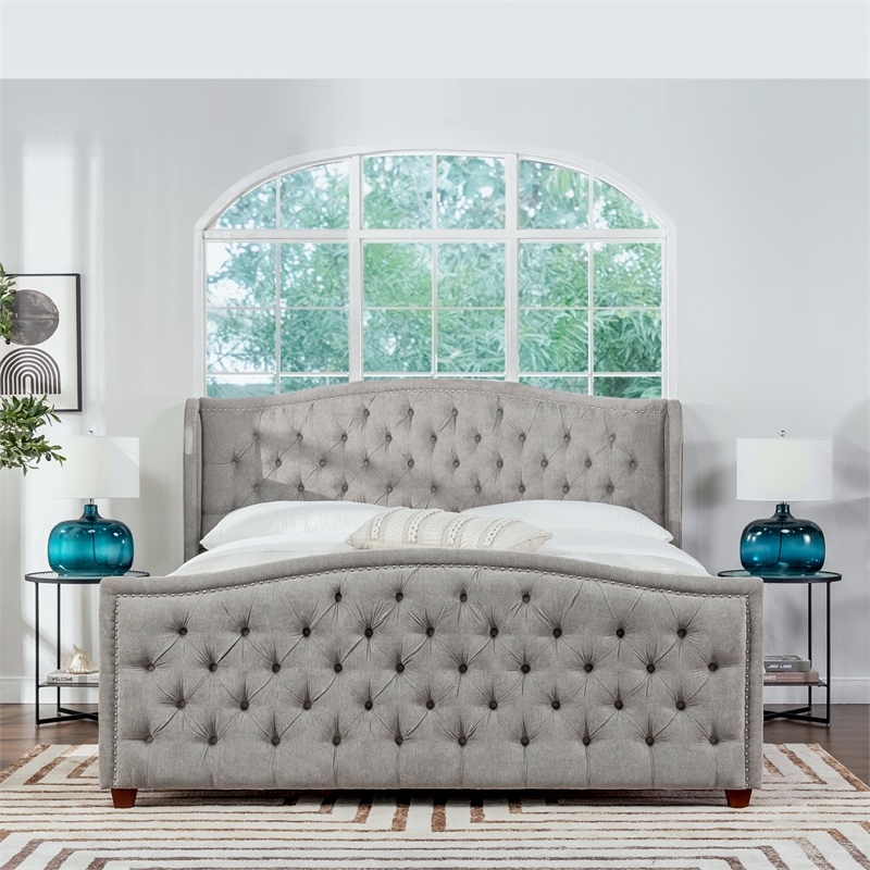 Pemberly Row Tufted Wingback King Bed with Nailhead Accents in Silver Grey