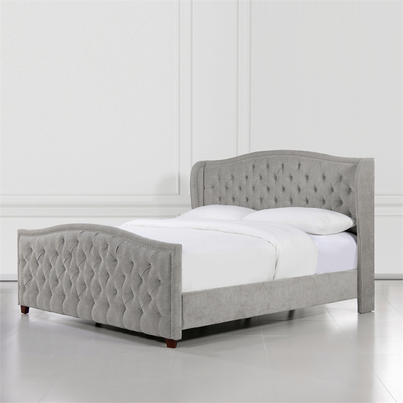 Pemberly Row Tufted Wingback King Bed with Nailhead Accents in Silver Grey